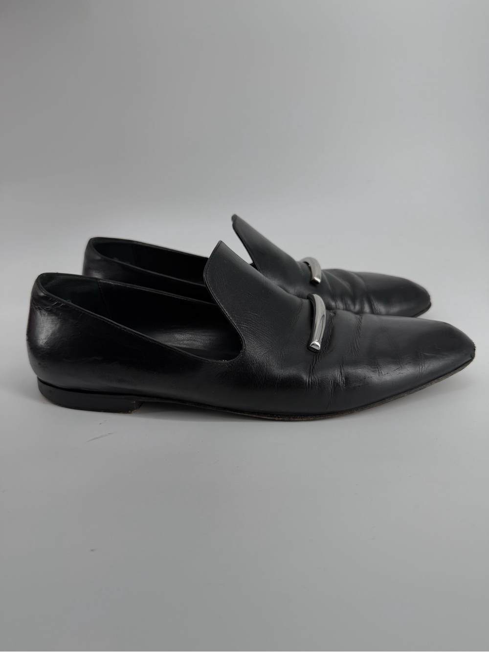 Via Spiga Black Leather Loafers Silver Hardware Slip On Flats Made in Italy 10